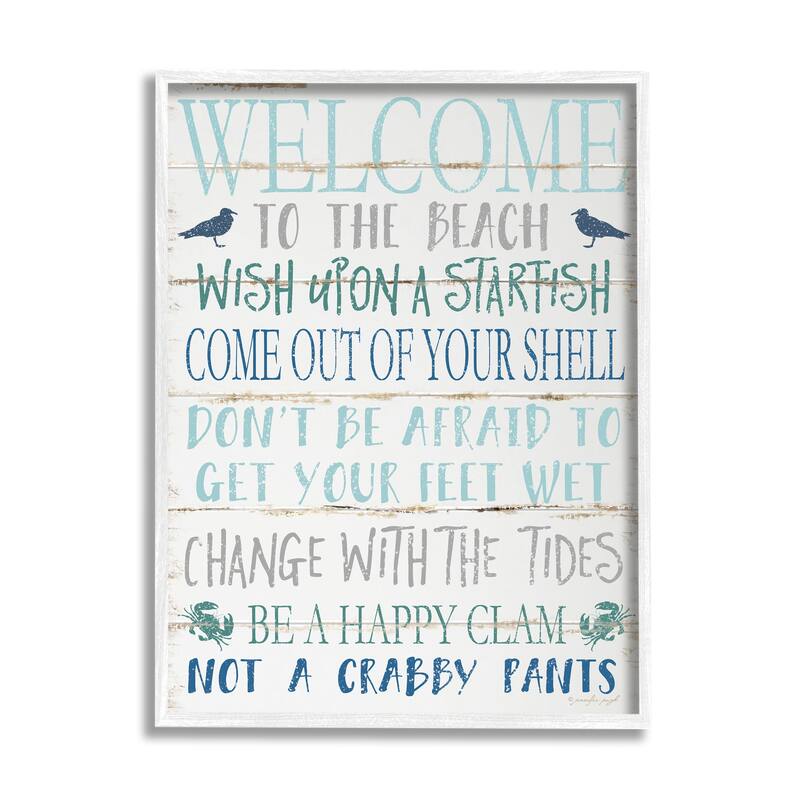 Stupell Welcome to the Beach Blue Aqua and White Planked Look Sign Framed Giclee Texturized Art by Jennifer Pugh - 11 x 14 - White
