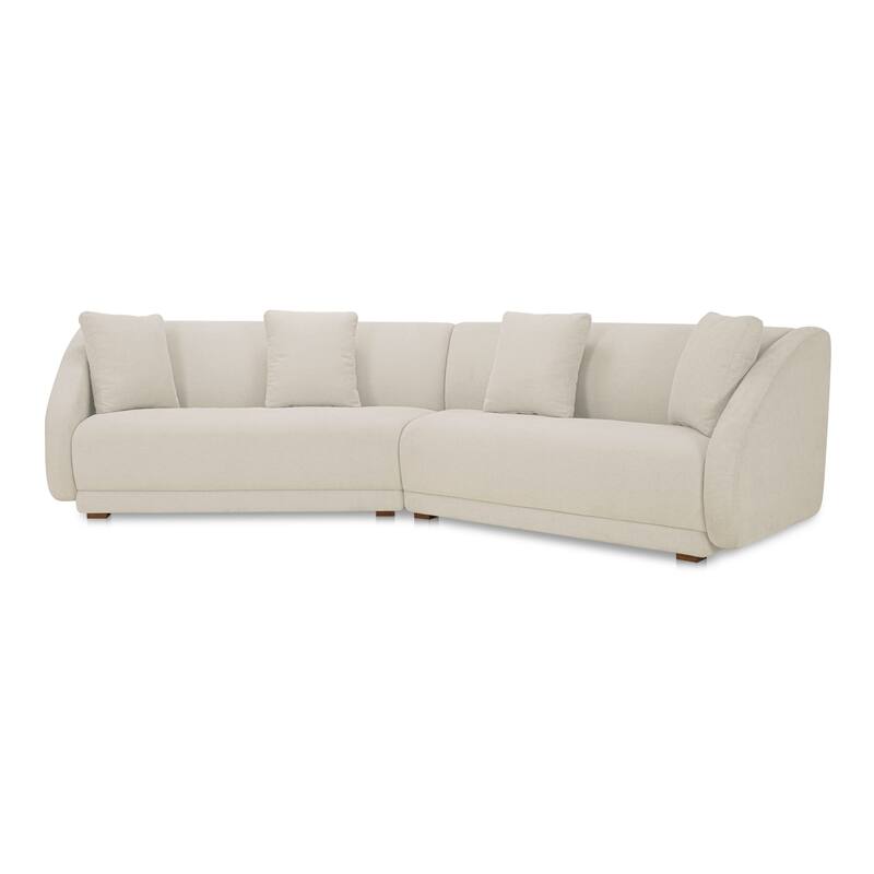 NADAAL STUDIOS Solace 2 Piece Modular Sectional, Angled Sides, Sloped Arms, Plinth Base, Four Toss Cushions, White