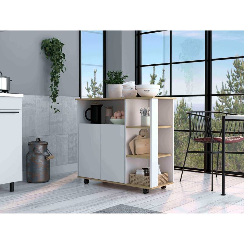 Compact Kitchen Island Kamkacht, Light Oak / White, 1 Cabinet, 4 Shelves, Locking Casters for Stability