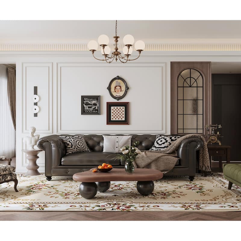 47 Inch Cloud Shaped Coffee Table with 3 Ball Legs for Living Room, Walnut Top Black Legs