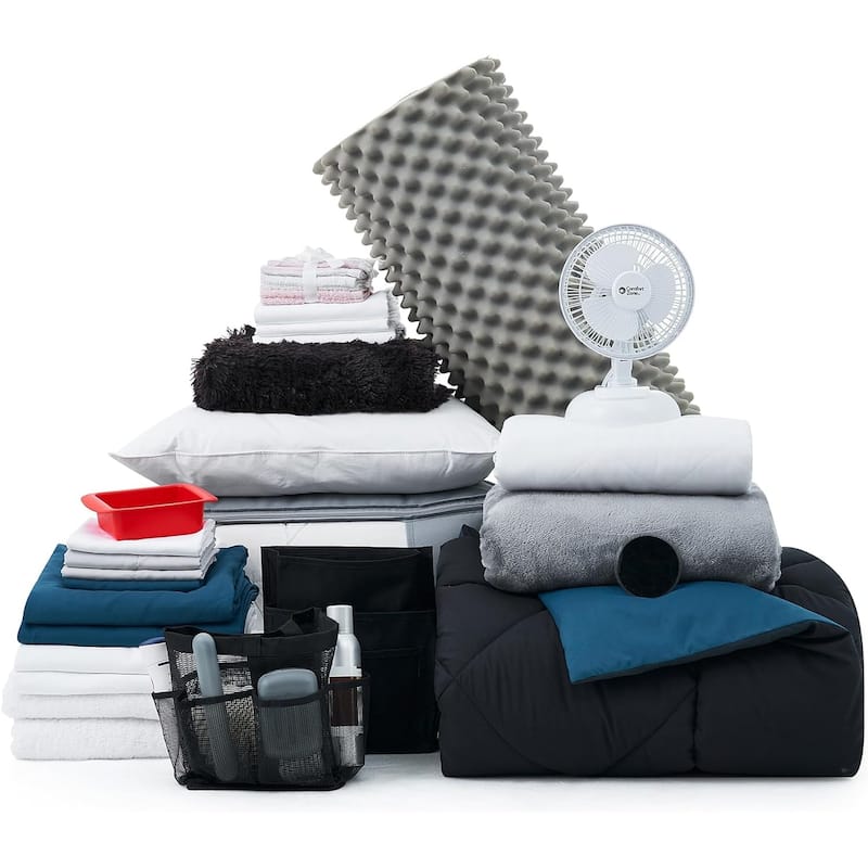 Fully-Loaded - Twin XL Dorm Bedding & Essentials Package - Black / Nightfall Navy Color Set - Twin XL