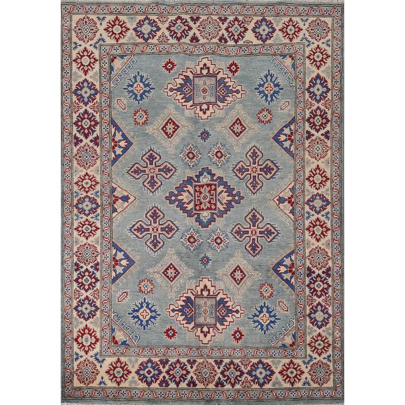 Light Blue Traditional / Geometric Kazak Rug Hand-Knotted Wool Carpet - 5'0" x 6'7"