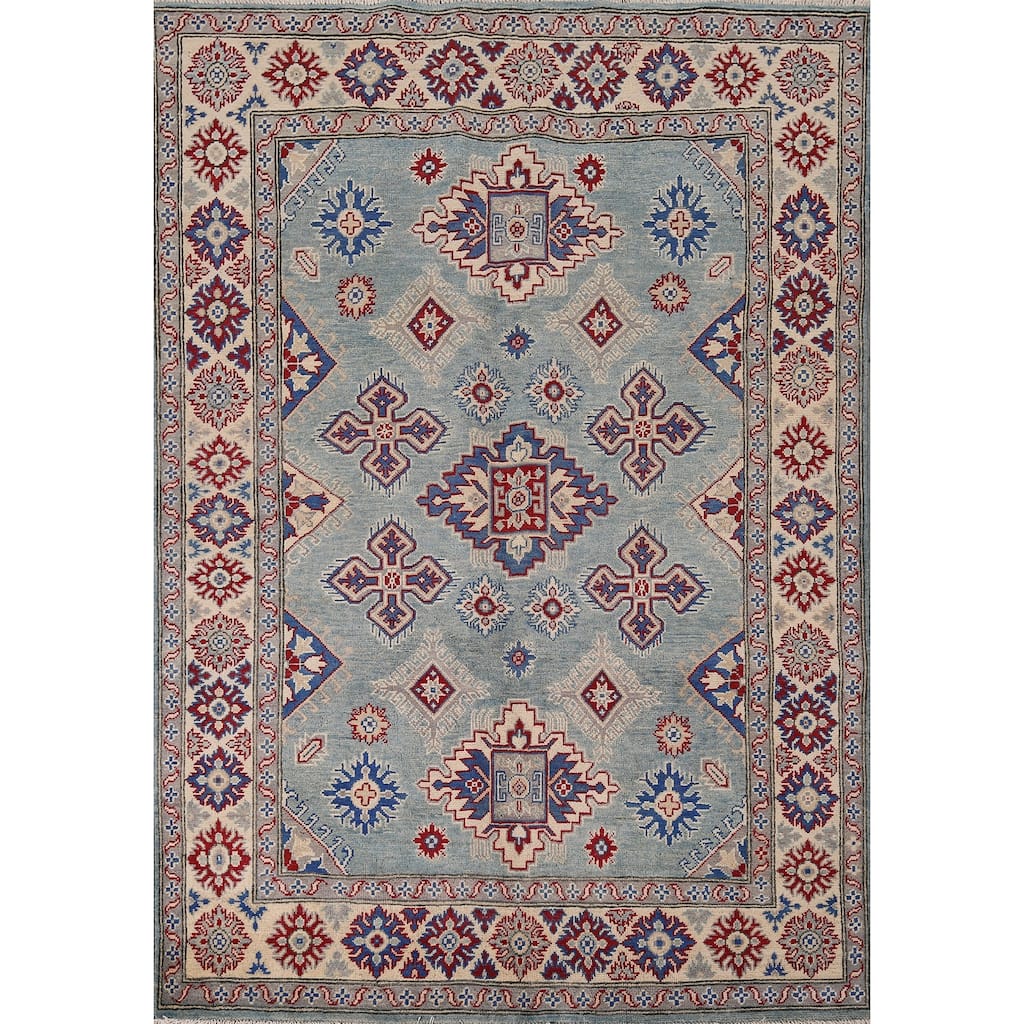 Light Blue Traditional / Geometric Kazak Rug Hand-Knotted Wool Carpet - 5'0" x 6'7"