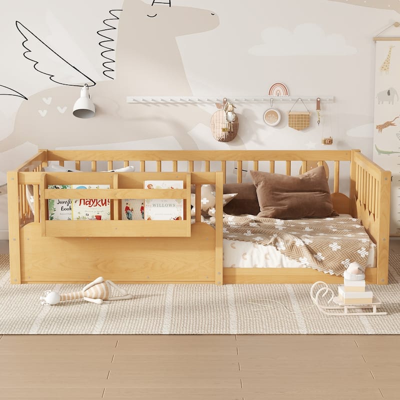 Montessori Floor Bed Kids Bed Frame with Heightened Fence and Bookshelf, Wavy Decoration Wood Platform Bed, No Slats Design