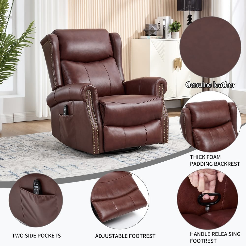 Manual Recliner Chair with Heat & Massage, Genuine Leather Swivel Recliner Chair, Lounge Sofa Chair with Side Pockets