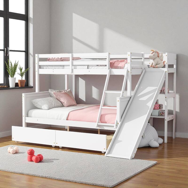 Twin Over Full Rubber Wood Bunk Bed with Slide, 2 Drawers, Shelves and Ladder, Solid Wood Bunk Bed for Kids