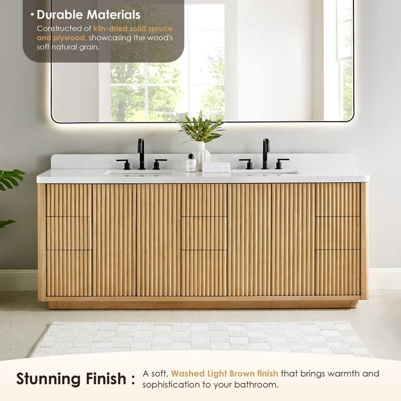 Clayton Bathroom Vanity in Washed Light Brown with Grain White Engineered Stone Countertop without Mirror