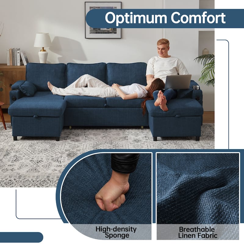 Convertible Sleeper Sofa 3-in-1 Pull Out Sectional Sofa Bed L/U-Shaped Couch with Storage Chaise