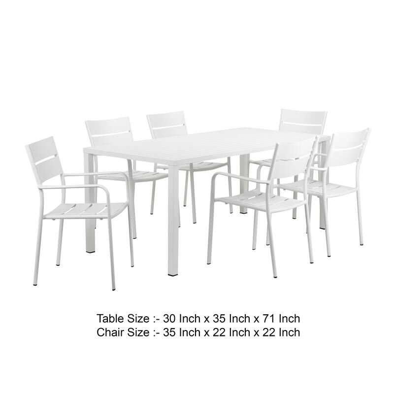 Meta 7 Piece Outdoor Dining Table, Chairs Set, White, Plank Seat and Backs