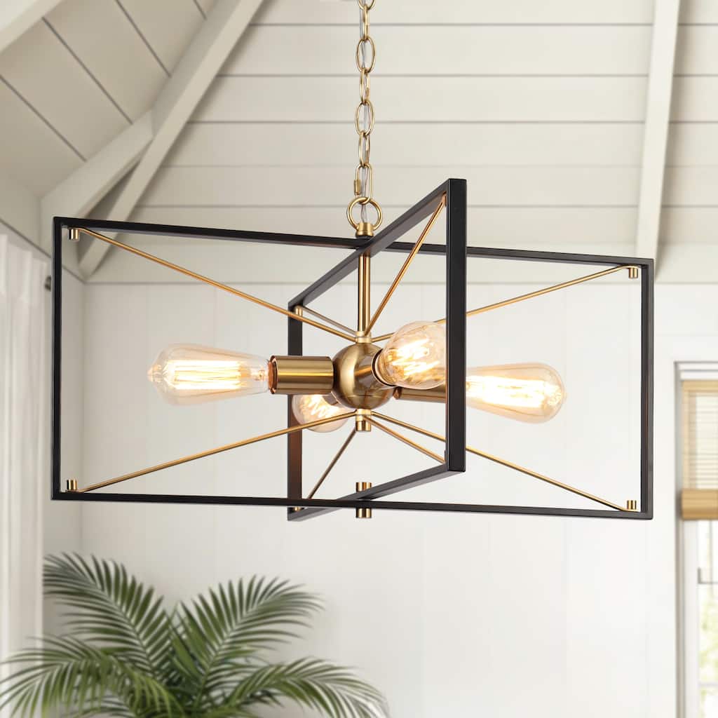 Modern 4-Light Black Gold Chandelier Square Pendant Light for Dining Room - 23.5" L x 22.5" W x 13" H