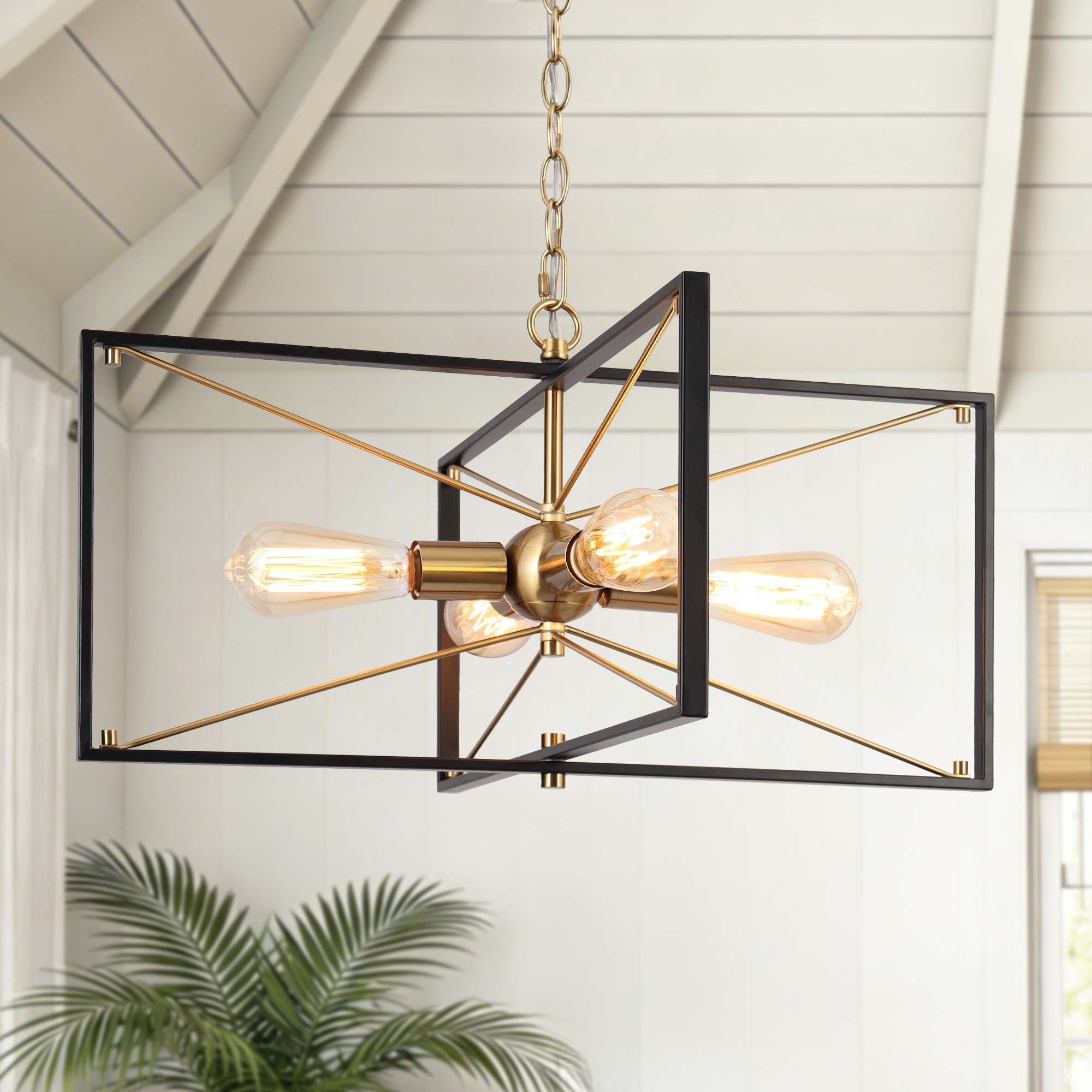 Modern 4-Light Black Brass Geometric Chandelier Open Frame Rectangle Pendant Light for Kitchen Island / Dining Room