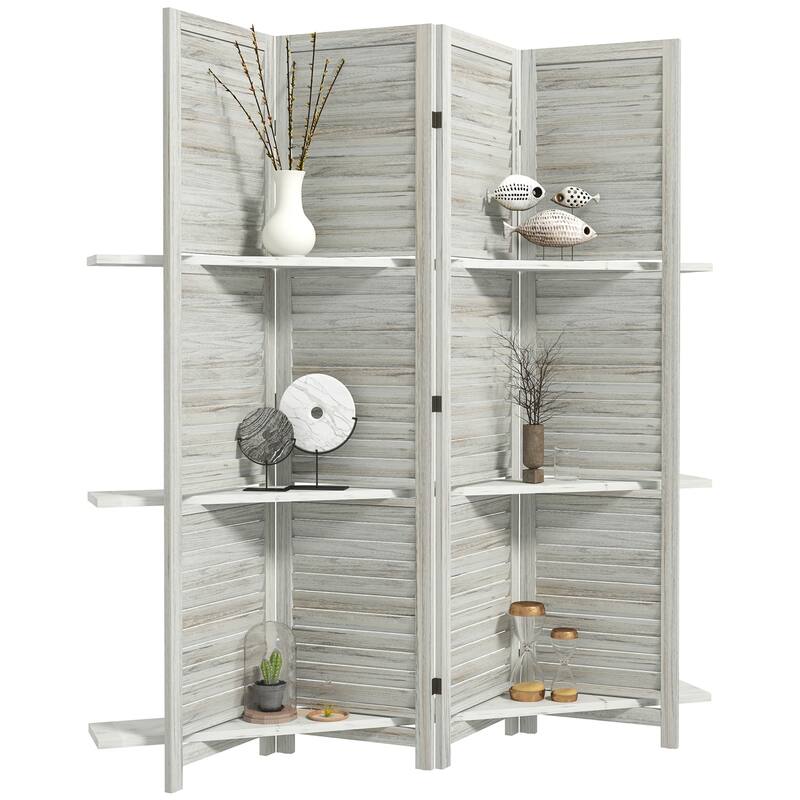 HOMCOM 4 Panel 67" Tall Wood Room Divider, Privacy Screen with 3 Display Shelves, and Folding Storage for Bedroom or Home Office
