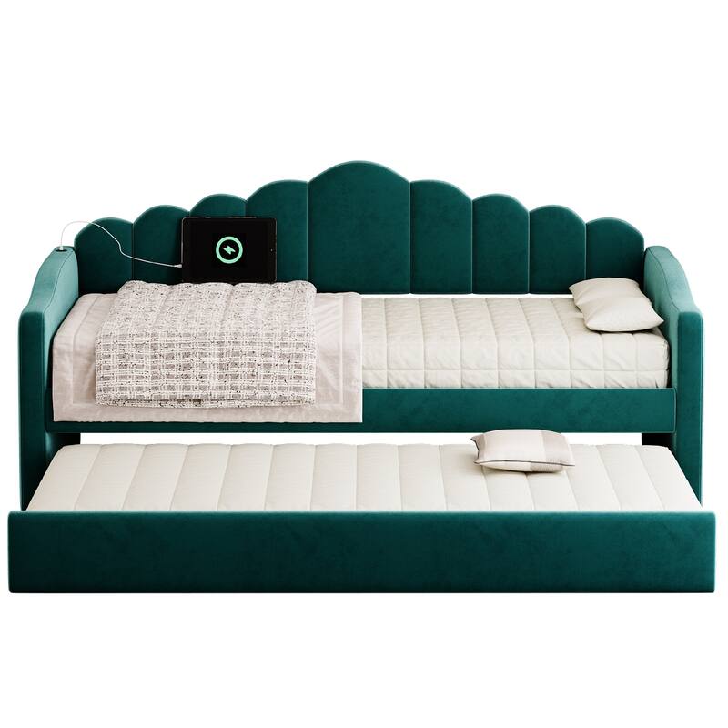 Twin Upholstered Daybed with Trundle - Velvet Sofa Bed, USB Charging, No Box Spring Needed