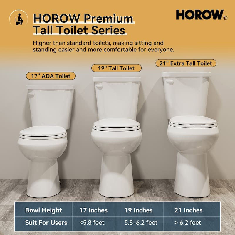 HOROW 2 Piece ADA Tall Single Flush Round Toilet White 1.28 GPF Strong Flush Soft Close Seat - 19 Inch