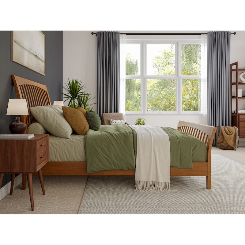 Solid Wood Low Profile Platform Bed - Light Toffee Finish - Sleigh Headboard & Footboard - Queen & King Sizes