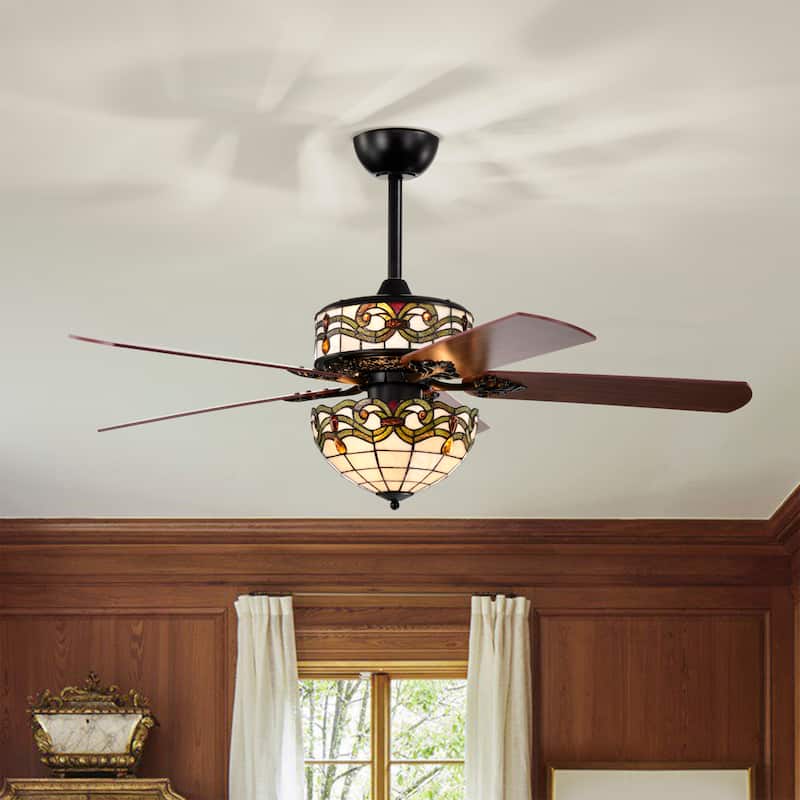 Elke Black Tiffany Style Two Tiered Lighted Ceiling Fan White and Green Shade with Remote Control - WhiteGreen