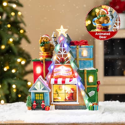 Glitzhome 10.75"H Lighted Christmas Toy Market Resin Village with Movement and Music