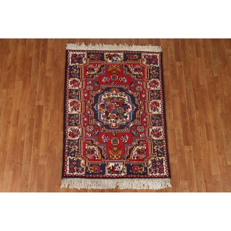 Hand Knotted Oriental 100% Wool Carpet Traditional Medallion Red Bakhtiari Area Rug - 4' 10'' X 3' 8''