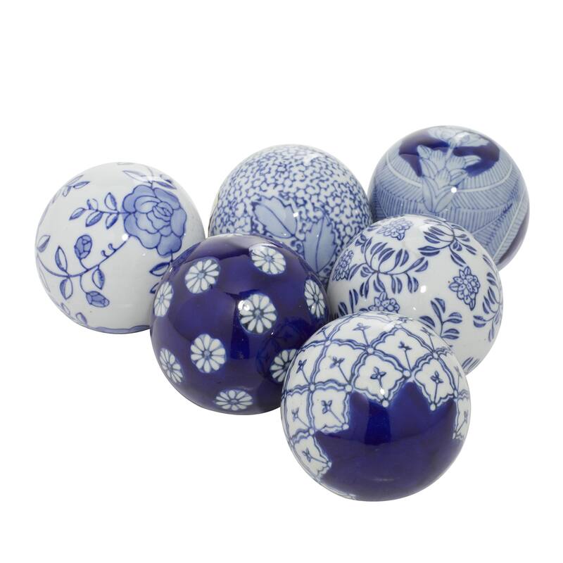 Ceramic Floral Handmade Glossy Decorative Orbs & Vase Filler with Varying Patterns - Set of 6 Black or Blue - Roche River Decor
