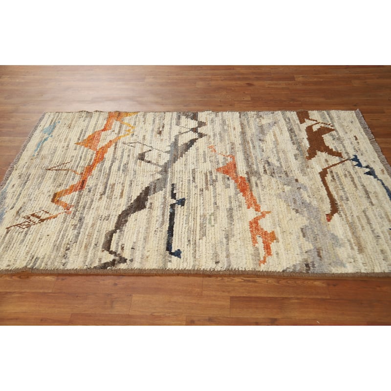 Moroccan Oriental Rug Handmade Beige Geometric Wool Carpet - 3'10" x 6'0"