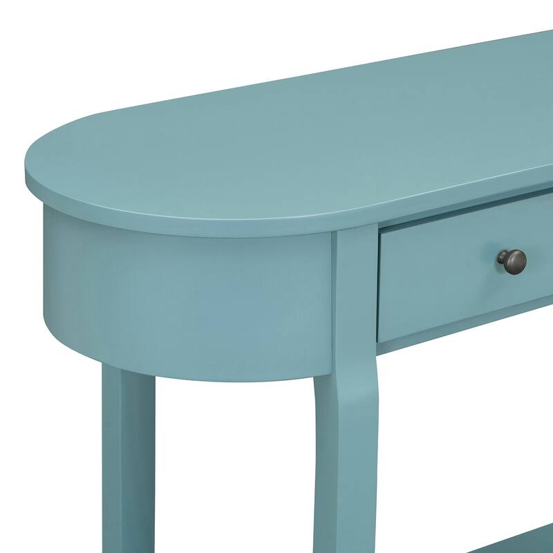 Curved Console Table with 2 Storage Drawers and Metal Handles, Wooden Hallway Tables Entryway Table wOpen Storage Shelf