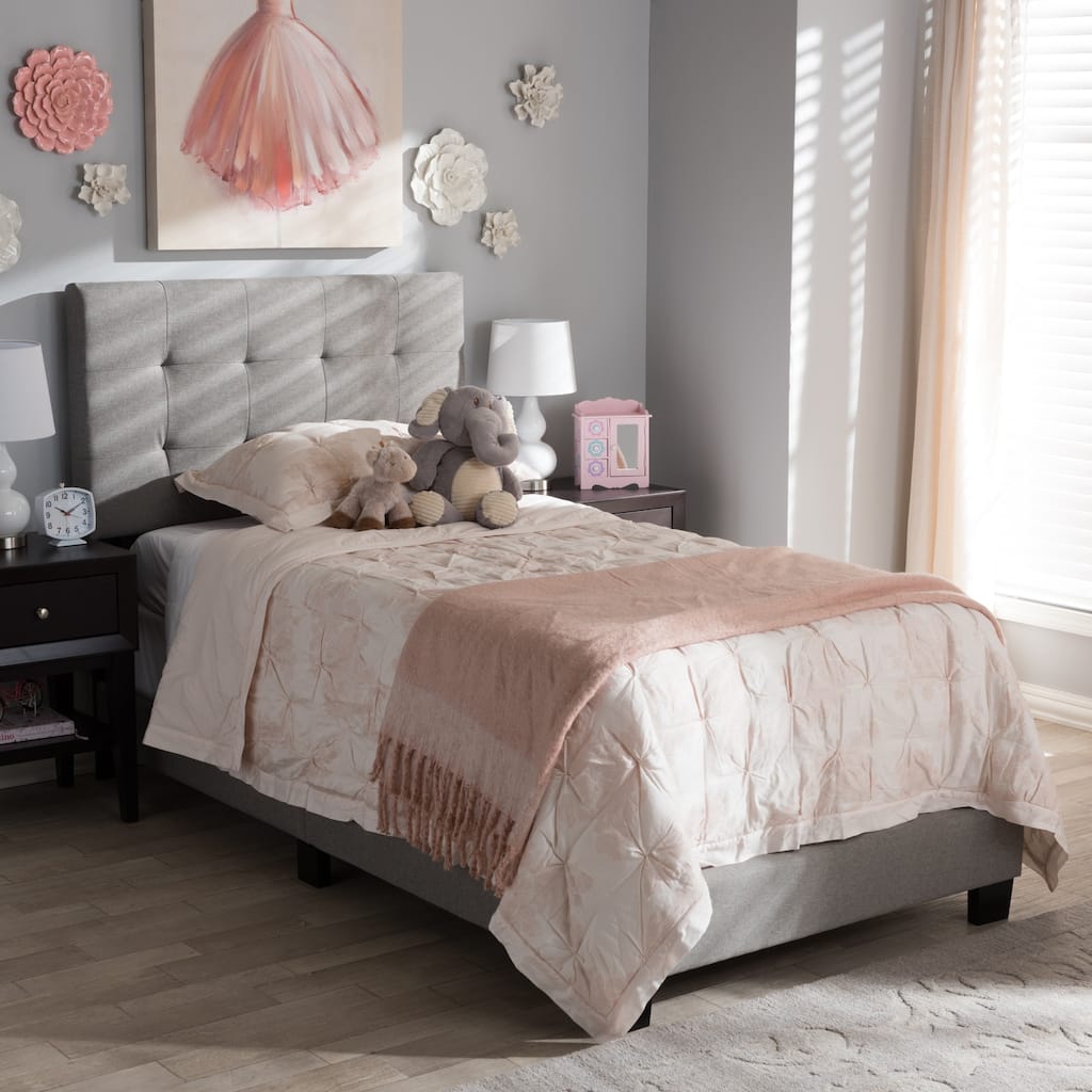 Light Grey Twin Bed with Upholstered Grid-Tufting and Solid Wood Legs, Modern Contemporary