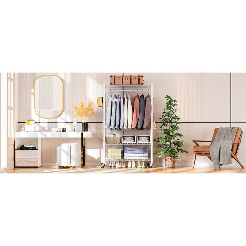 Heavy Duty Rolling Garment Rack with Wheels, 3-Tier Adjustable Wire Shelving, Clothes Rack with Rods & Side Hooks