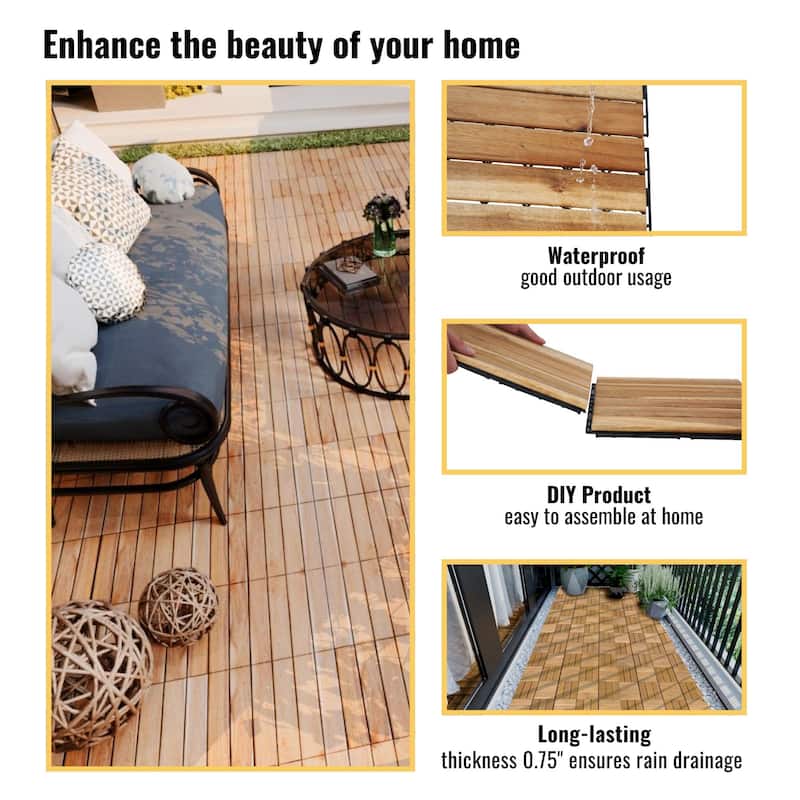 20 PCS Interlocking Deck Tiles Striped Pattern, 12" x 12"Square Acacia Hardwood Outdoor Flooring for Patio,Bancony,Pool Side