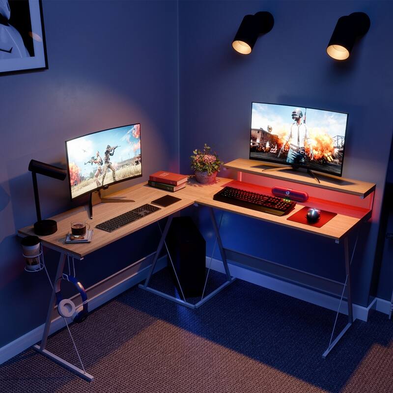 55 Inch Gaming Desk LED L Shaped Computer Corner Desk - 55 inch - White