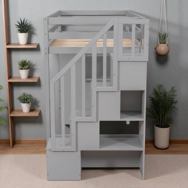 Twin Size Wooden Loft Bed with Drawers, Shelves, and Stairs for Kids Teens, No Box Spring Required