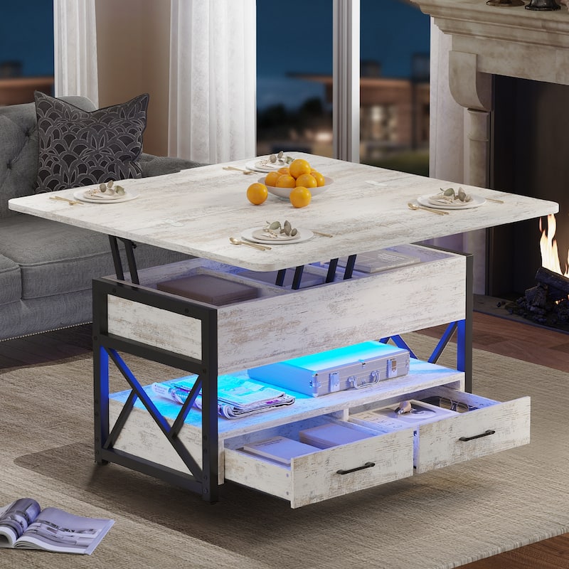 Coffee Table Lift Top 2 Drawers Hidden Compartment for Living Room