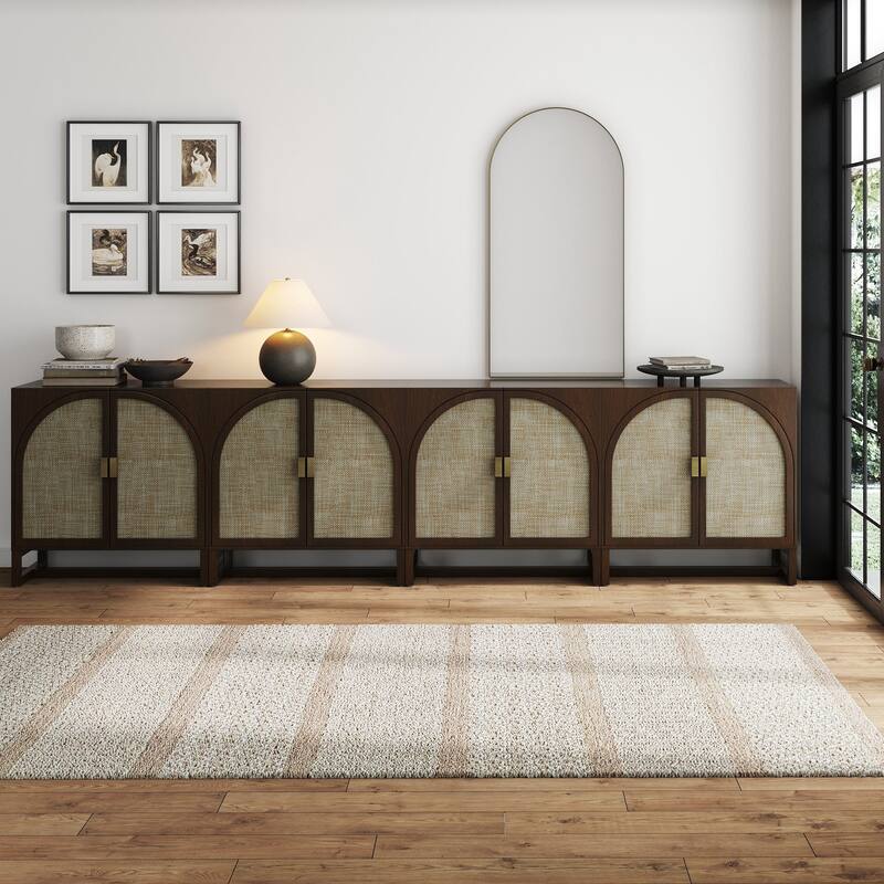 Paxton Boho Wood Storage Cabinet with Doors, Small Storage Cabinet or TV Stand with Rattan Door Details - Dark Walnut Set of 4