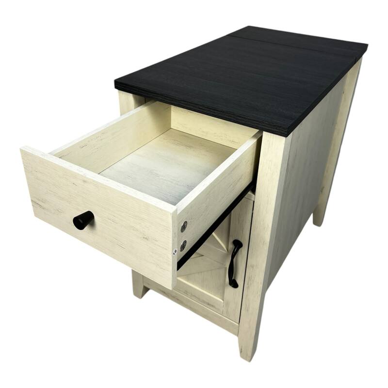 Farmhouse End Table with Charging Station,Night Stand with Barn Door and Drawer