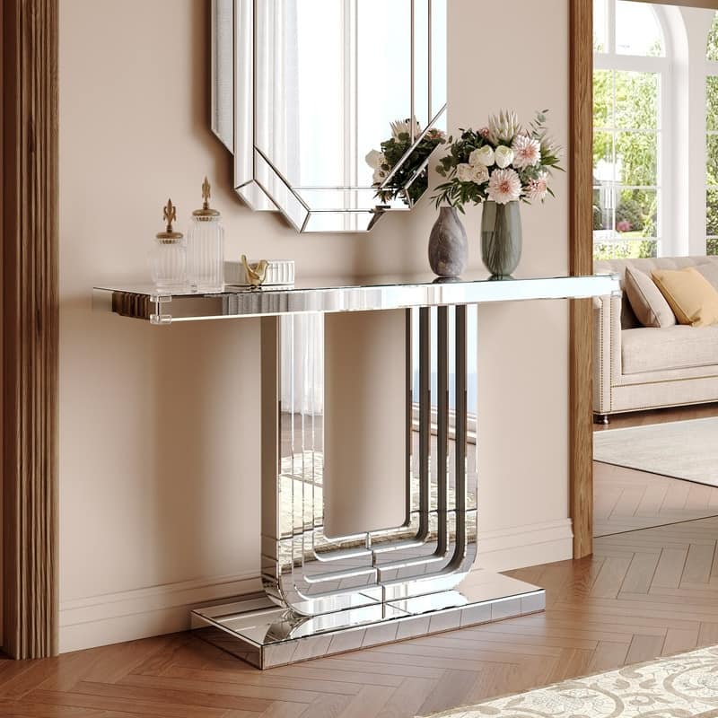 Mirrored 47" Console Table, Silver Entryway Table With U Base