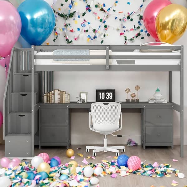 slide 2 of 38, Multifunctional Twin Size Loft Bed Frame with Built-in Desk and Double Storage Drawers Grey