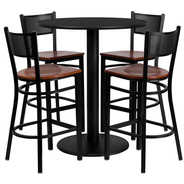 Rustburg Round 36 Black Laminate Bar Pub Table Set W 4 Grid Rustburg Round 36 Black Laminate Bar Pub Table Set W 4 Grid Back Metal Barstools Cherry Wood Seat Free Shipping Today 15628690