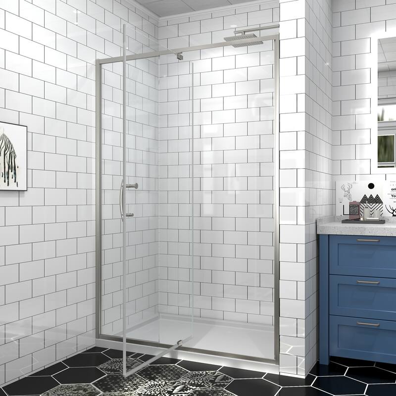 Modland 44-48''W x 71''H Pivot Frame Sliding Shower Door with 1/4"(6mm) Clear SGCC Tempered Glass in Black/Chrome/Nickel