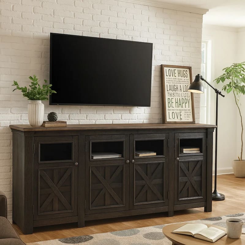Dual Tone Wooden TV Stand with Four Cross Buck Doors Storage, Extra Large, Brown and Black
