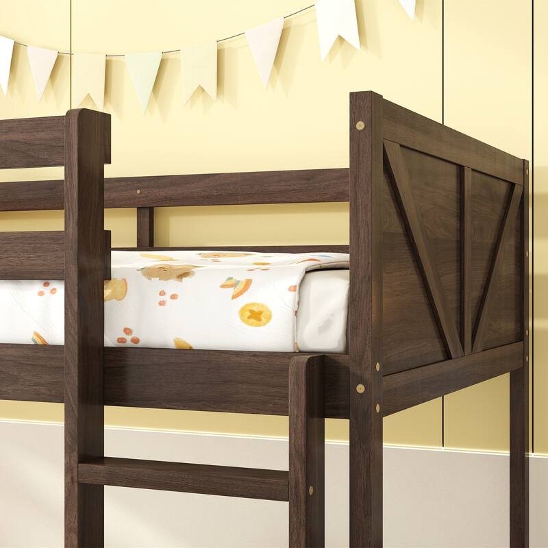 Low Twin Over Twin Size Bed Floor Bunk Bed with Panelled Headboard Footboard, Ladder and Guardrails, Solid Rubber Wood Frame