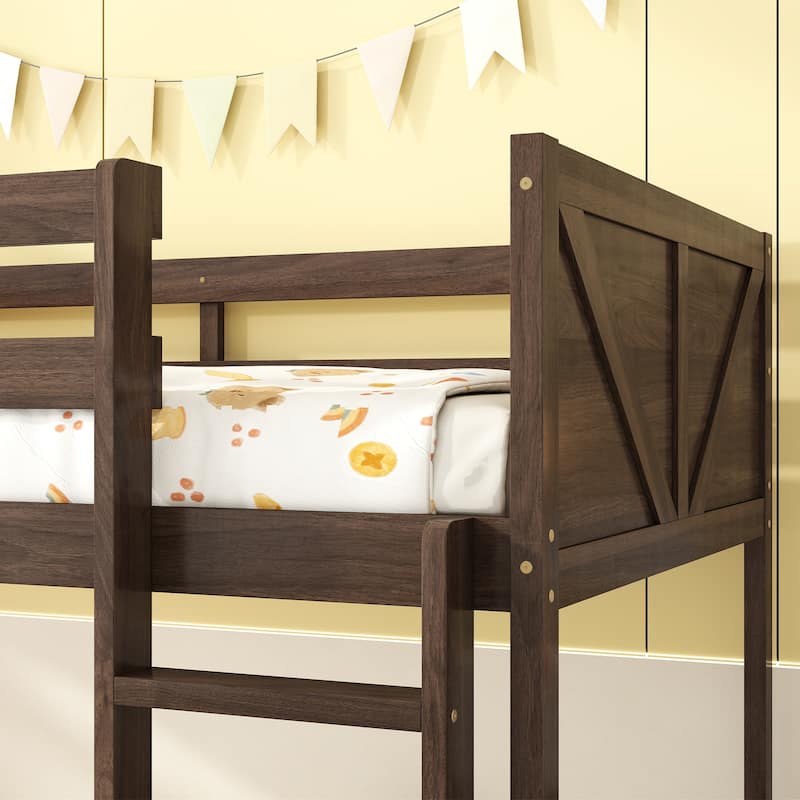 Twin Size Floor Bunk Bed with Safety Guardrails and Built In Ladder