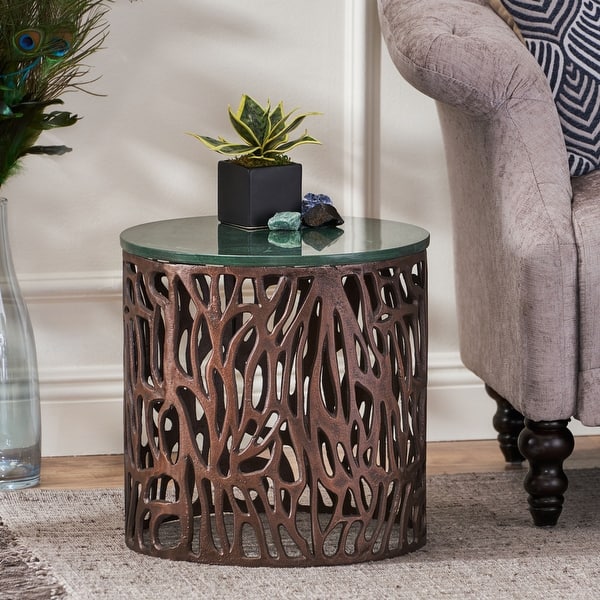 slide 1 of 8, Coalton Boho Handcrafted Aluminum Side Table with Marble Top by Christopher Knight Home - 16.00" L x 16.00" W x 16.00" H