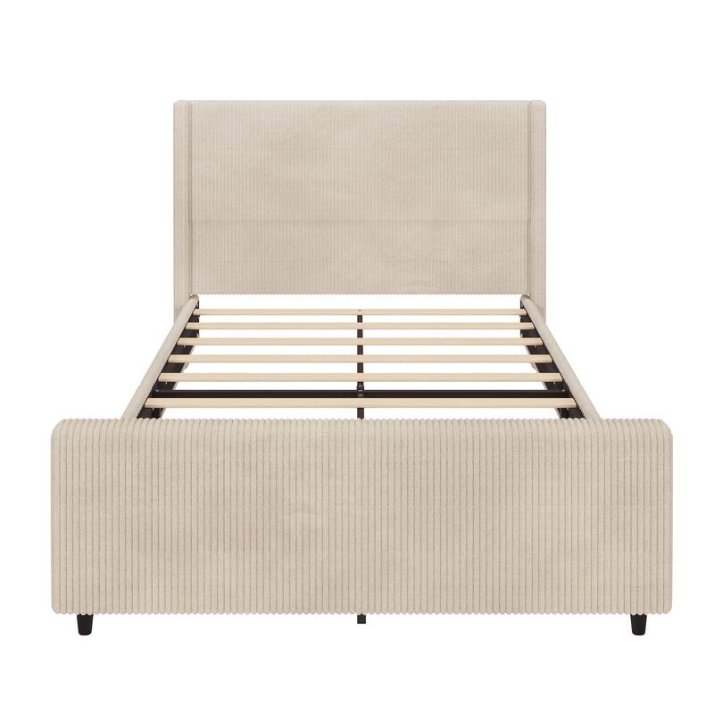 Queen Size Corduroy Bed with Wingback and High Footboard