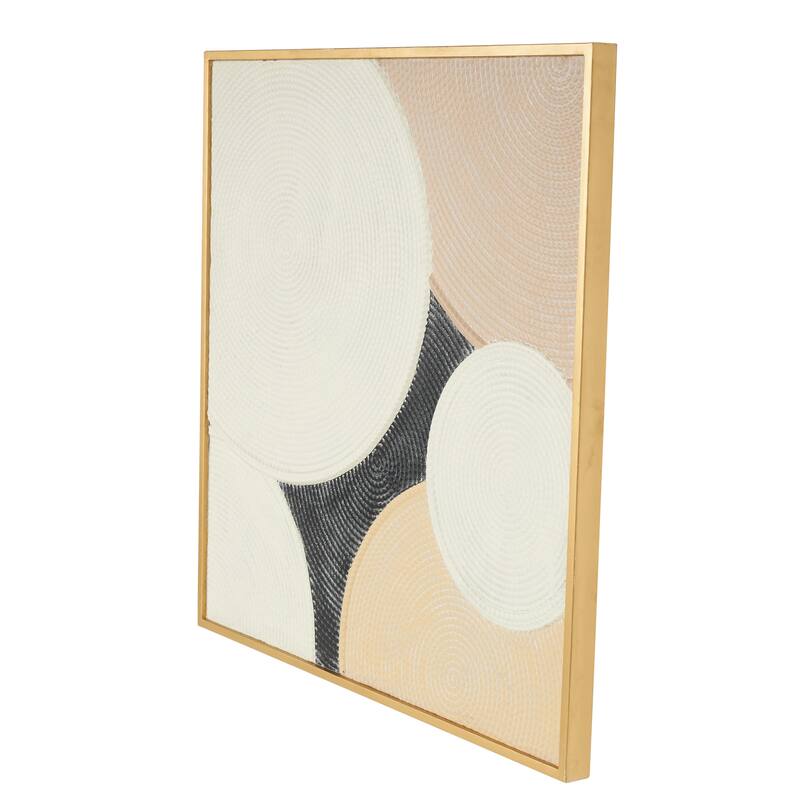 Cream Metal Textured Geometric Wall Decor with Overlapping Circles and Gold Frame