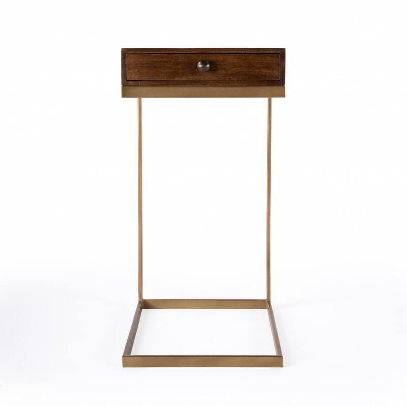 27" Natural Brown Rustic Wood End Table with Drawer and Iron Sled Base Distressed Finish - 27.25"H x 13.75"L x 17.75"W