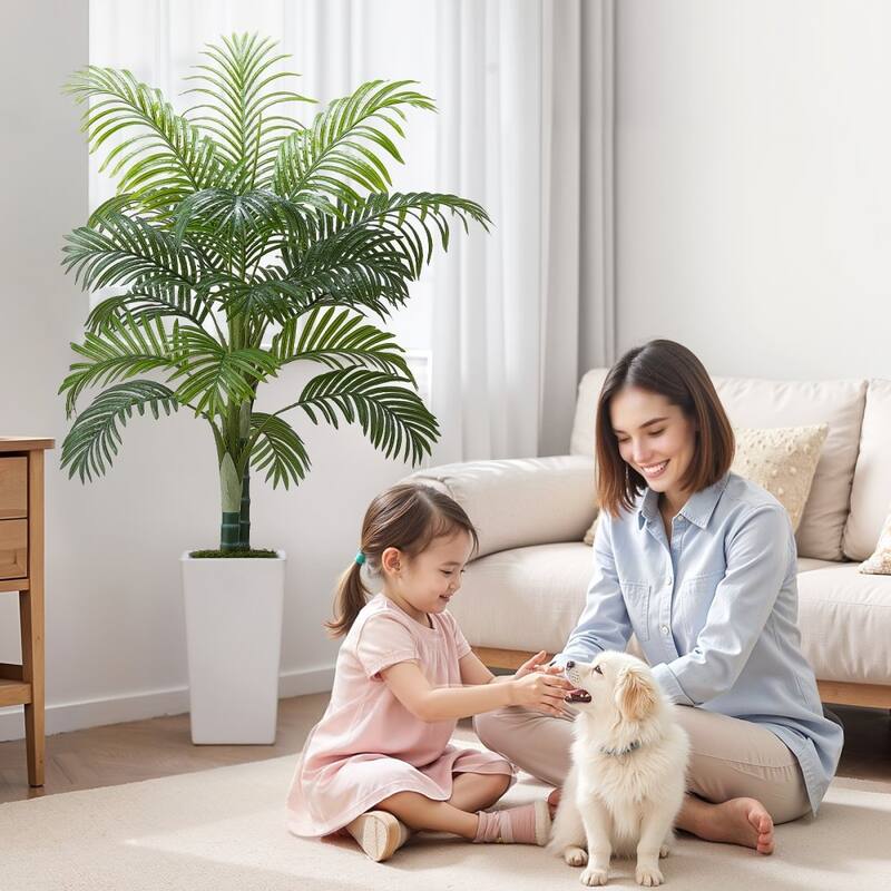 Thick-Trunk Areca Palm Artificial Tree with Green Leaves in White Planter for Home or Office Decor