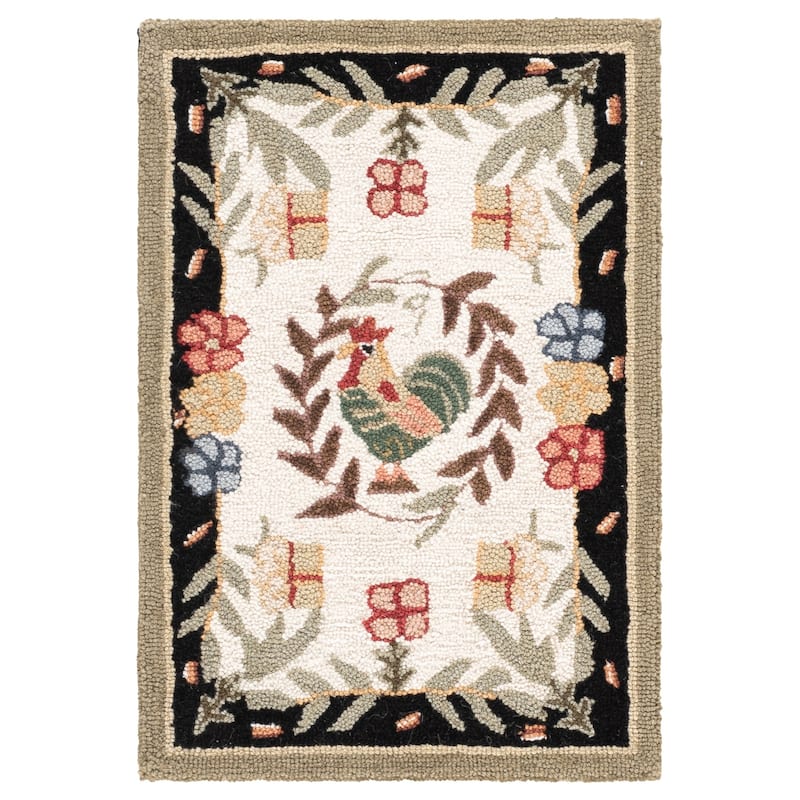 SAFAVIEH Handmade Chelsea Asmaa French Country Rooster Wool Rug - 1'8" x 2'6" - Creme/Black