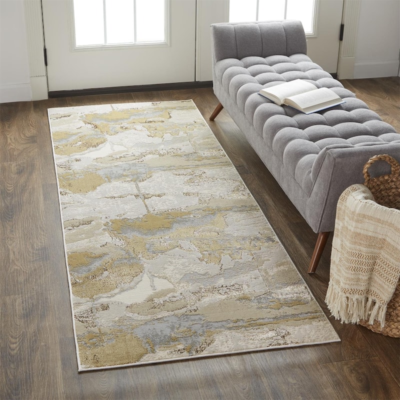 Tripoli R3737 Watercolor Modern Area Rug - 2'10" x 7'10" - Gray/Ivory/Gold