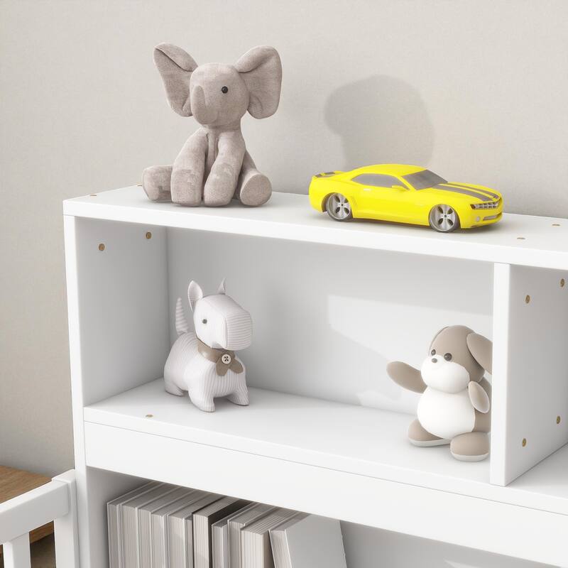 Twin/Full Size Wooden Floor Bed with Bedside Bookcase and Shelves, Low Platform Bed with Guardrails