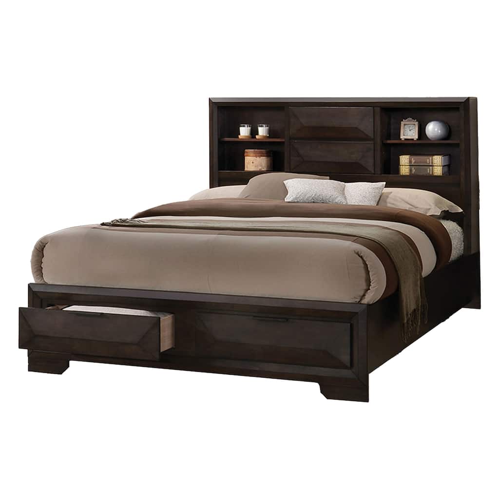 Costa King Size Bed, Bookcase Headboard, 2 Drawers, Dark Brown Solid Wood
