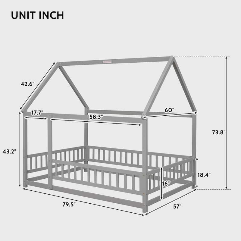 Full Size Floor Wooden Bed with House Roof Frame